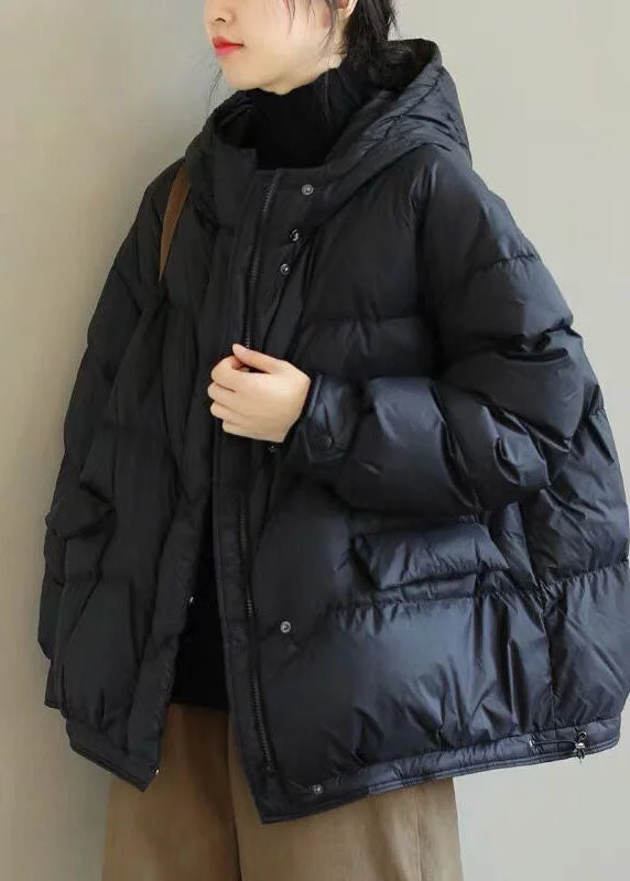 DIY Black Hooded Zip Up Drawstring Duck Down Down Coat Winter