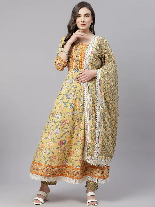 Women's Yellow Floral Anarkali Pant Set With Dupatta - Wahenoor