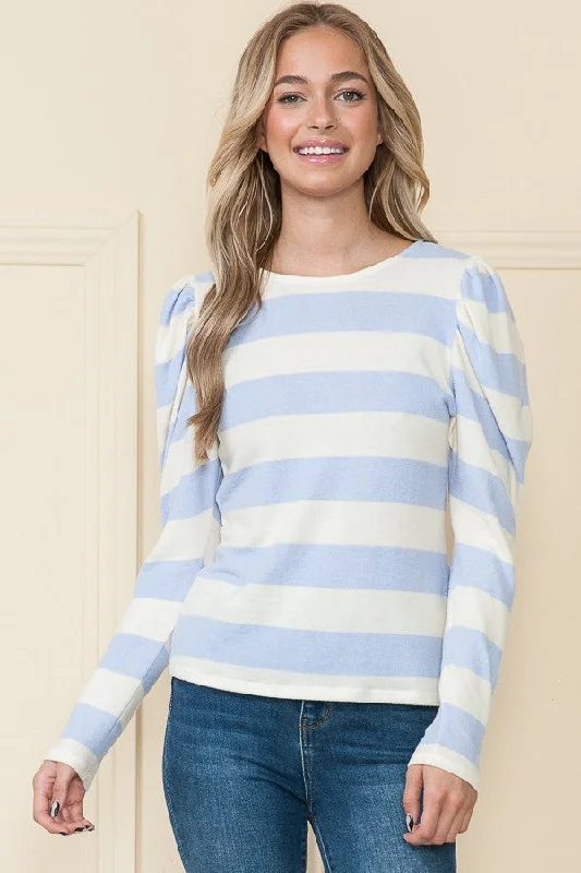 LT. BLUE STRIPE PUFF SHOULDER LONG SLEEVES TOP RJT4196