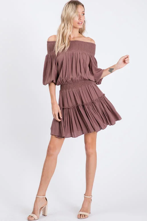 Smocking Short Dress, Brown