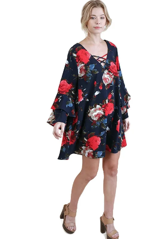 Criss Cross Layered Ruffle Sleeve Floral Dress, Navy