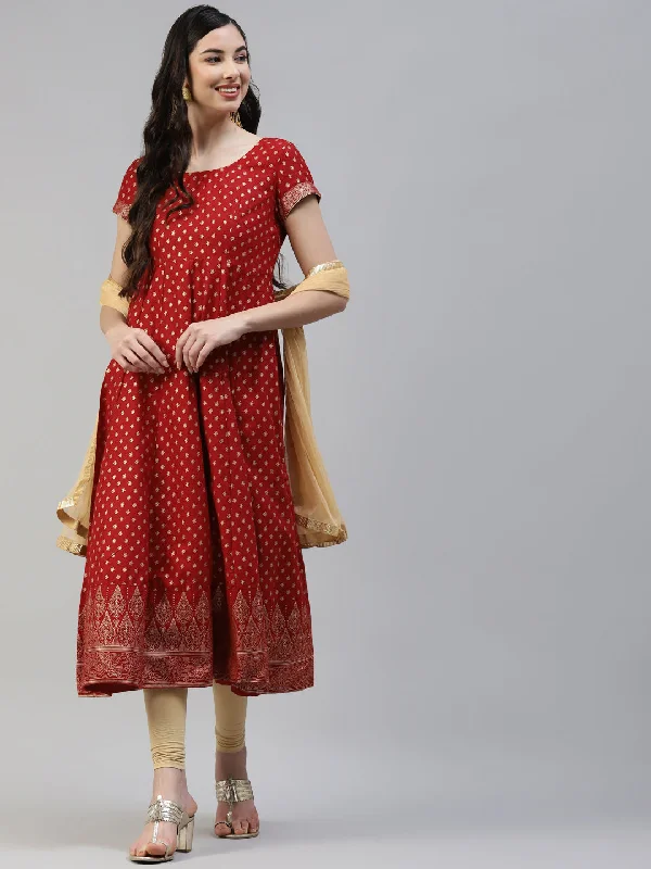 Women's Red Gold Print  Anarkali Kurta With Viscose Leggings & Net Dupatta -  Poshak Hub