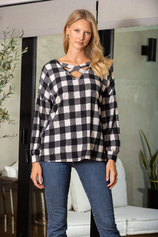 BLACK MADRAS PRINT LONG SLEEVES TUNIC KNIT TOP ET5144