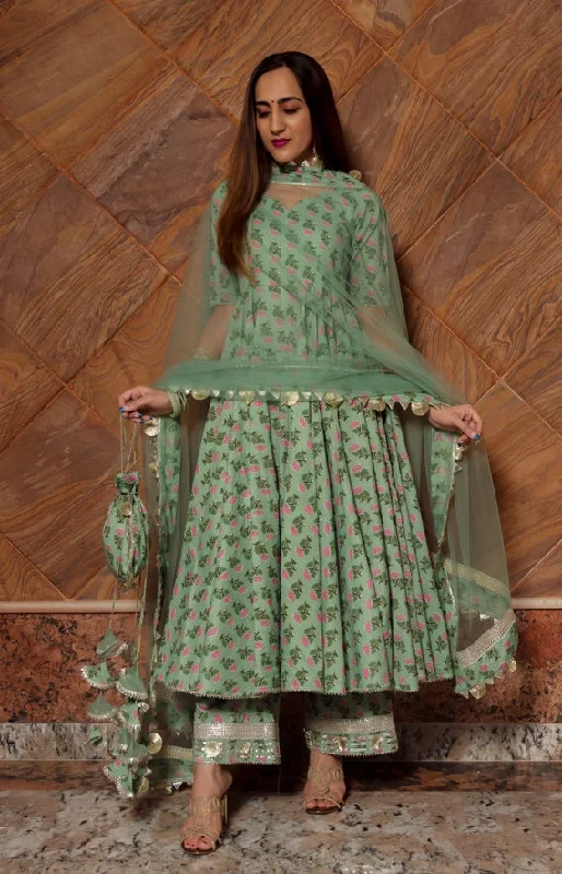 Women's Green Paisely Cotton Hand Block Anarkali Set - Pomcha Jaipur