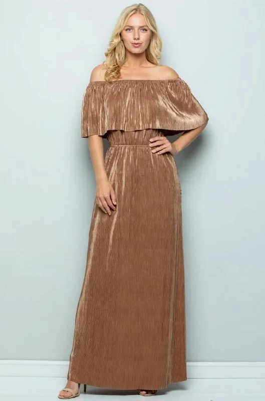 Metallic Ruffle Maxi Dress, Bronze