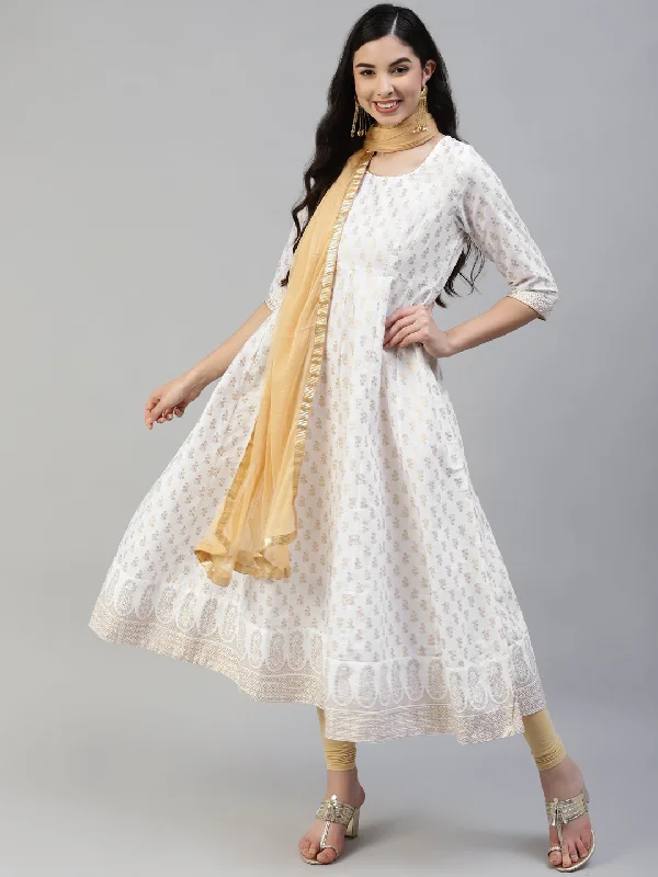 Women's White Gold Print  Anarkali Kurta With Viscose Leggings & Net Dupatta -  Poshak Hub