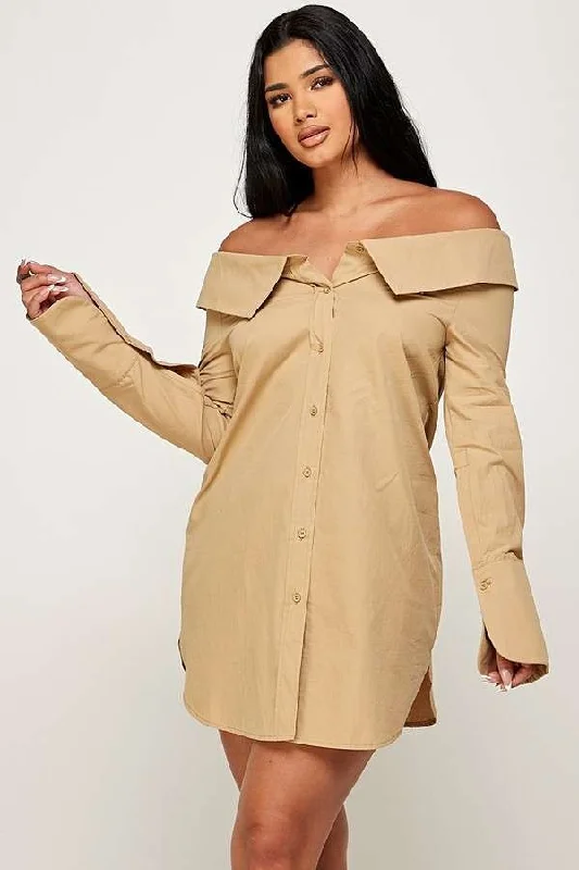 KHAKI OFF-SHOULDER BUTTON DOWN MINI SHIRT DRESS AMD099