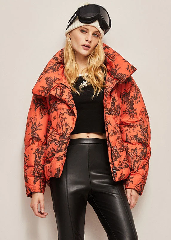 Bohemian Orange Stand Collar Zip Up Print Duck Down Jackets Winter