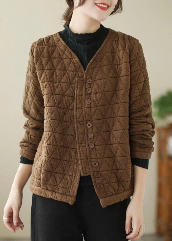 Chocolate Fine Cotton Filled Winter Coats V Neck Button Winter