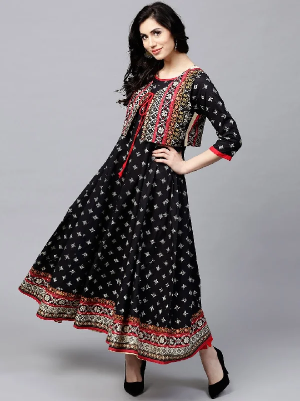 Women Black Printed Anarkali kurta with Jacket by AkS (Set of 2)