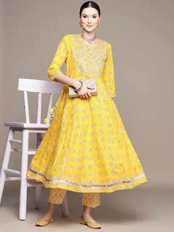 Women's Mustard Embroidered Anarkali Kurta With Trouser - Ishin