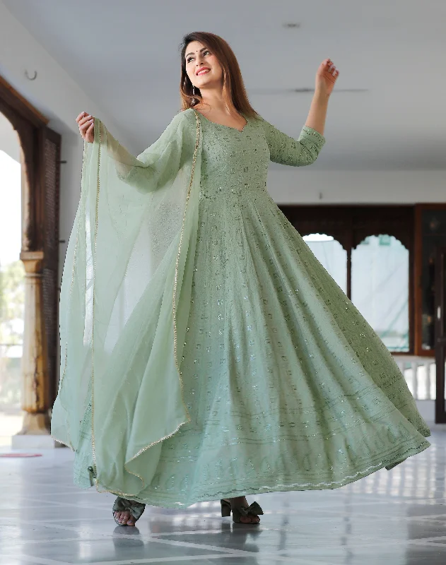 Women Green Anarkali Kurta with Dupatta by Geeta Fashion (2pcs Set)