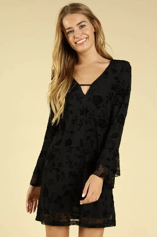 Floral Velvet Burnout Dress, Black