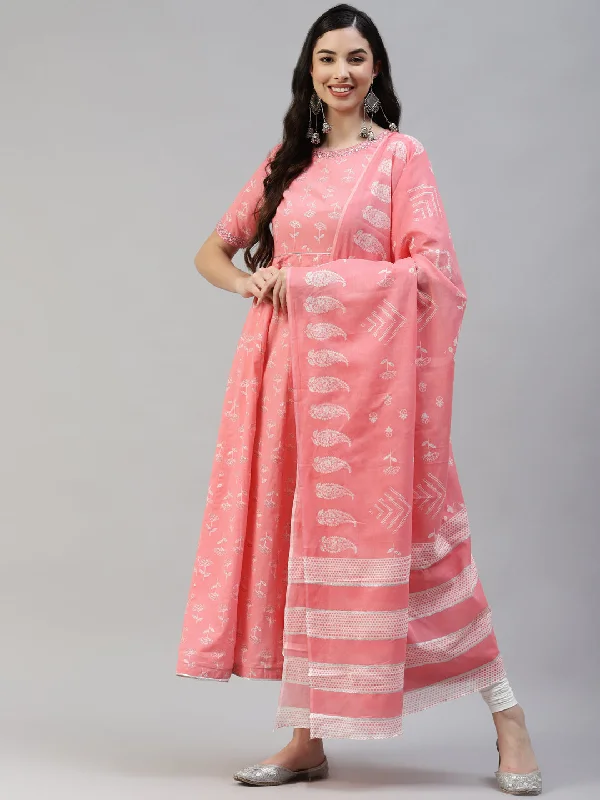 Women's Pink Zari Silver Cotton Printed Anarkali Kurta With Legging And Cotton Dupatta -  Poshak Hub