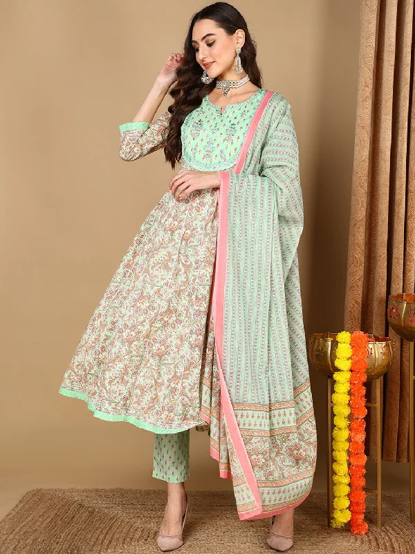 Women's Sea Green Cotton Ethnic Printed Anarkali Kurta Pant With Dupatta - Ahika