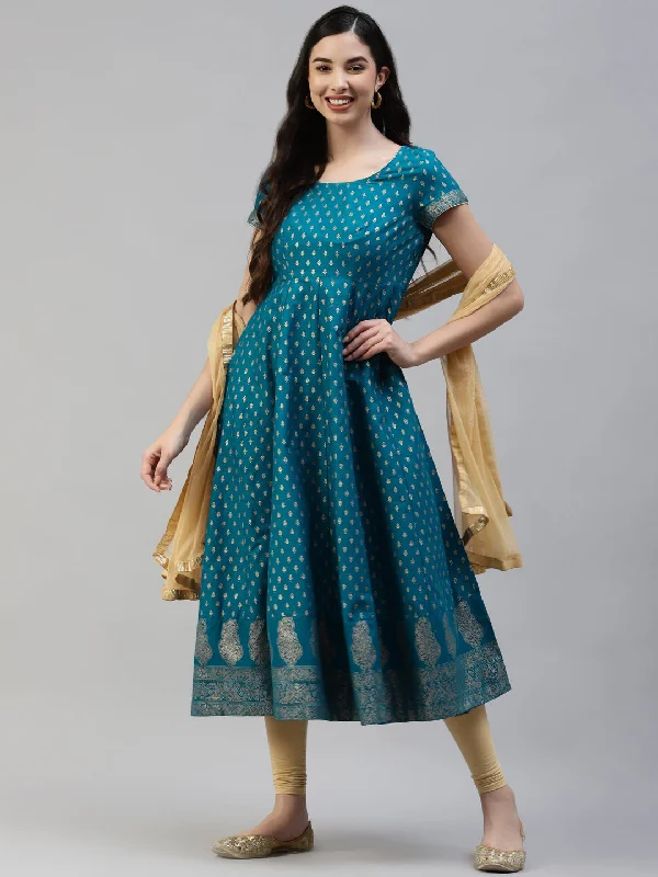 Women's Turquoise Gold Print  Anarkali Kurta With Viscose Leggings & Net Dupatta -  Poshak Hub