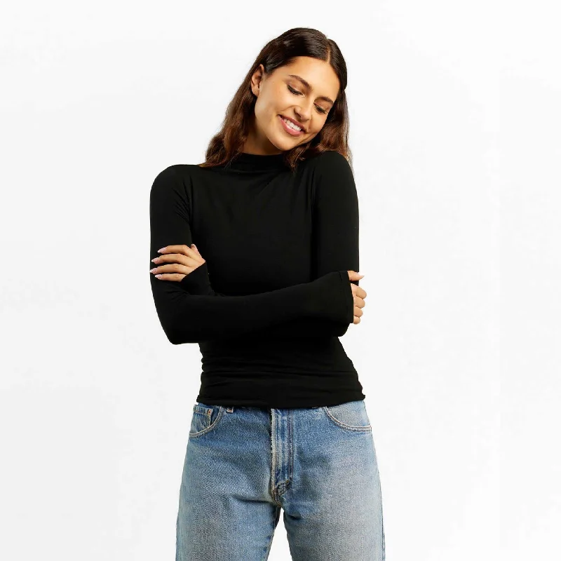 Cotton Stretch Long Sleeve Mock Neck Shirt | Black