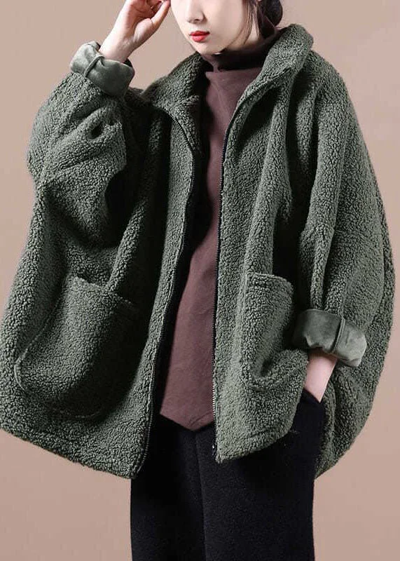 Italian Army Green Oversized Zippered Teddy Faux Fur Coat Winter