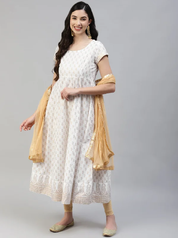 Women's White Gold Print  Anarkali Kurta With Viscose Leggings & Net Dupatta -  Poshak Hub