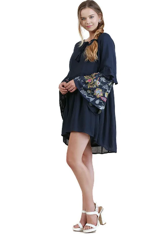 Ruffled Embroidered Keyhole Dress, Navy