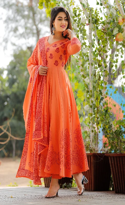 Women's Orange Hand Block Kurta Pant Set - Geeta Fashion