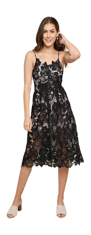 Floral Lace Applique Midi Dress, Black