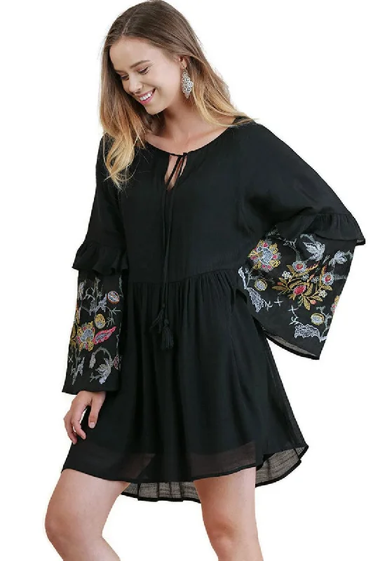 Ruffled Embroidered Keyhole Dress, Black