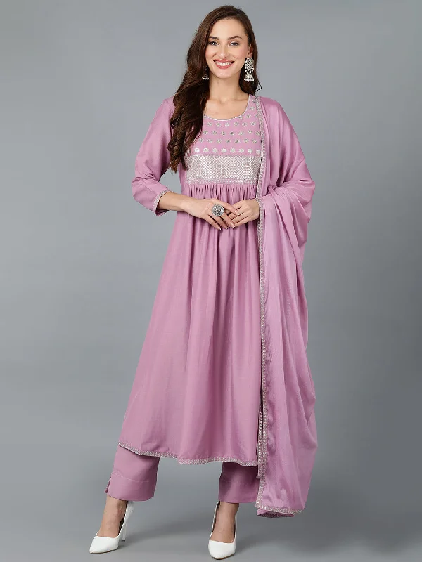 Women's Lavender Silk Blend Embroidered Festive Wear Anarkali Suit Set - Ahika