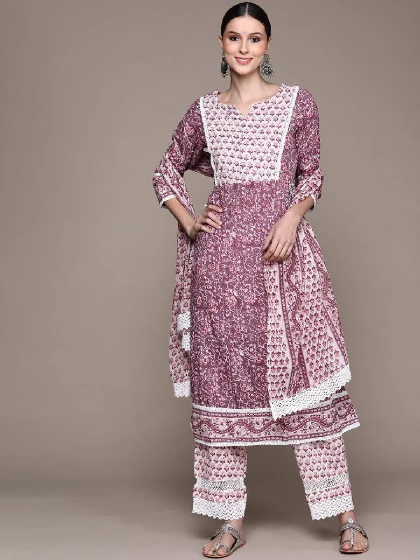 Women's Purple Embellished Anarkali Kurta With Trouser & Dupatta - Ishin