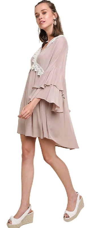 Layered Ruffle Bell Sleeve Dress, Latte