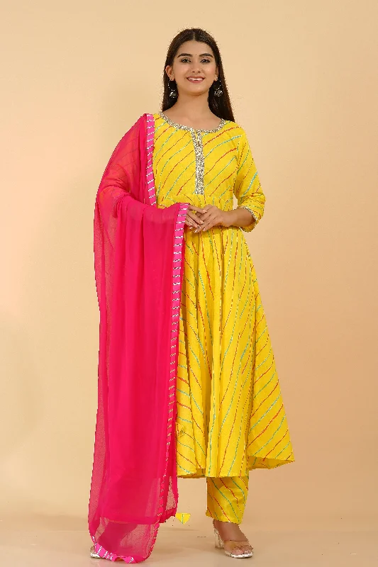 Women's Yellow Leheriya Anarkali Suit (Set Of 3) - Manohara