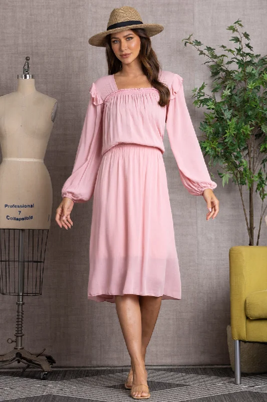 MAUVE SQUARE NECKLINE BISHOP SLEEVES MIDI DRESS-LD3824