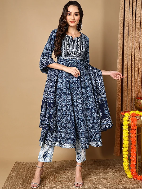 Women's Pure Cotton Ethnic Motifs Yoke Design Anarkali Suit Set - Ahika