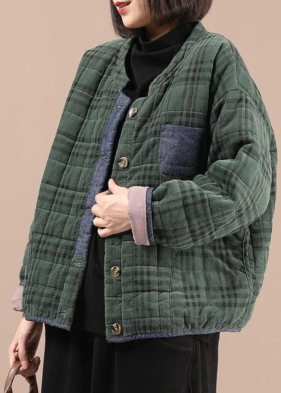 Green Plaid Patchwork Fine Cotton Filled Winter Coat