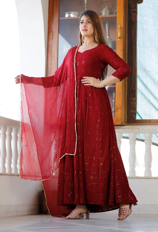 Women's Maroon Sequence Anarkali Set - Geeta Fashion