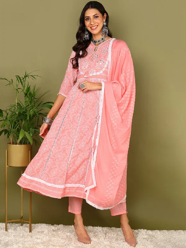 Women's Pink Pure Cotton Solid Yoke Design Pant With Dupatta - Ahika