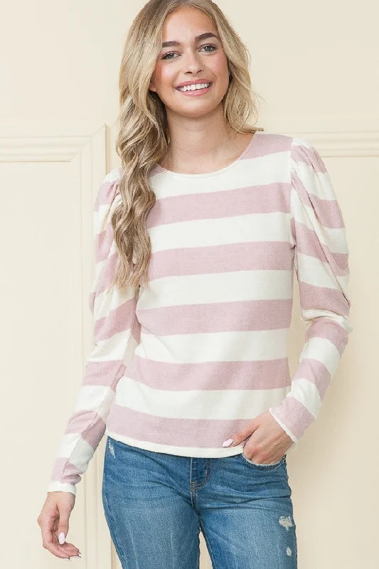 BLUSH STRIPE PUFF SHOULDER LONG SLEEVES TOP RJT4196