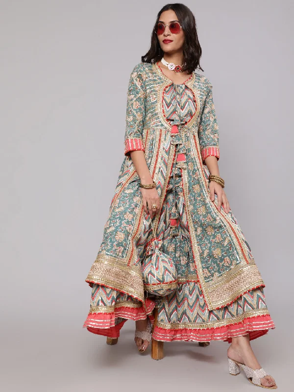 Women's Teal Blue & Red Floral Printed Lace Work Anarkali Sharara With Potli Bag - Aks