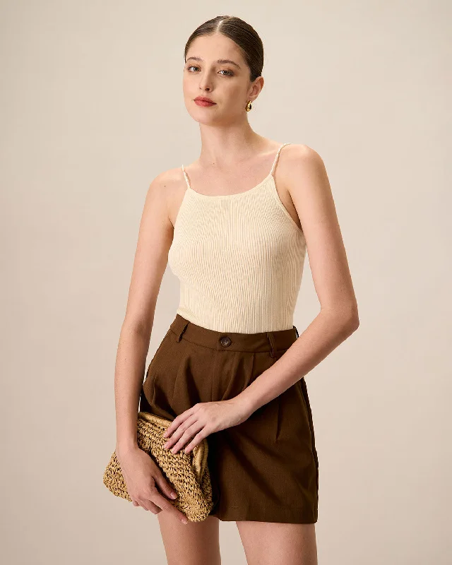 Women's Beige Beaded Strap Ribbed Cami Top