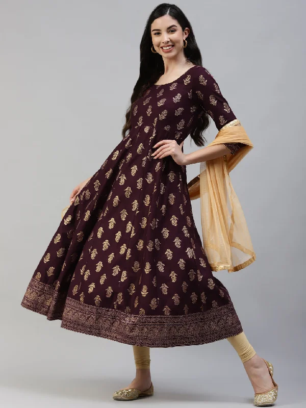 Women's Purple Gold Print  Anarkali Kurta With Viscose Leggings & Net Dupatta -  Poshak Hub