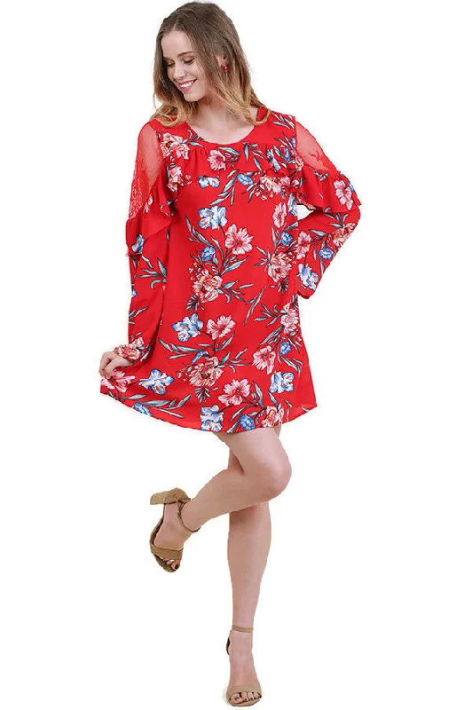 Ruffled Lace Floral Bell Sleeve Dress