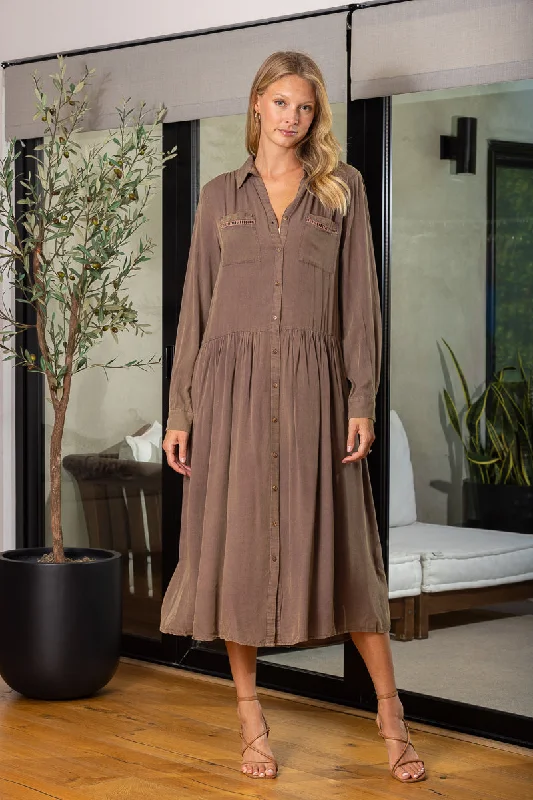 VINTAGE PLUM COLLARED LONG SLEEVES BUTTON-DOWN LOOSE MIDI DRESS ED16565