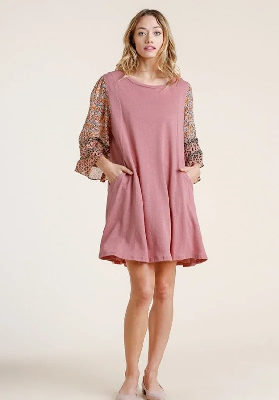 Mixed Print Bell Sleeve Dress, Rose