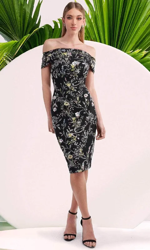 Janique 5044 - Floral Print Off-Shoulder Dress