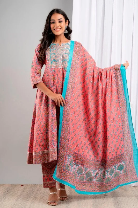 Women's Pink Pure Cotton Floral Suit Set - Wahe-NOOR