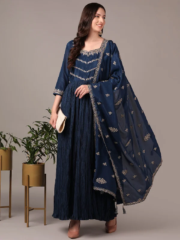 Women's Navy Blue Silk Blend Solid Embroidered Zari Anarkali Kurta Pant With Dupatta - Ahika