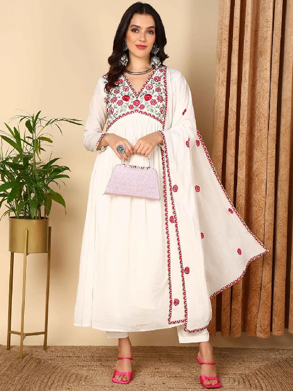 Women's White Pure Cotton Solid Embroidered Anarkali Kurta Pant With Dupatta - Ahika