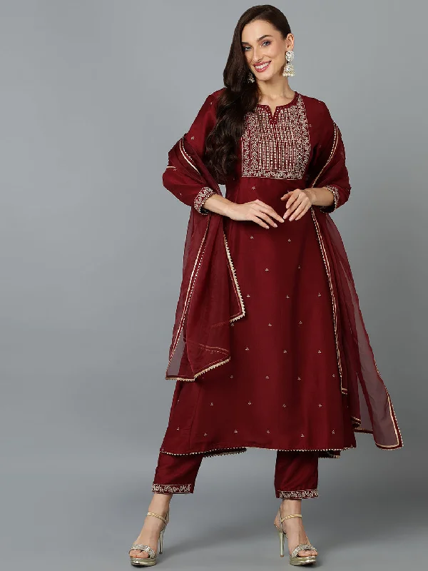 Women's Maroon Silk Blend Anarkali Kurta Pant With Dupatta - Ahika