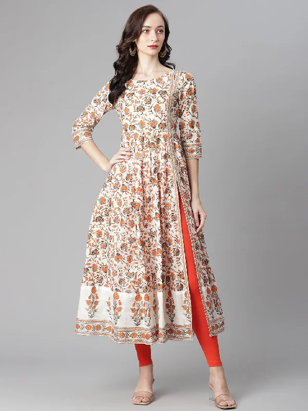 Women's Off-White Cotton Printed Anarkali Kurta With Legging -  Poshak Hub