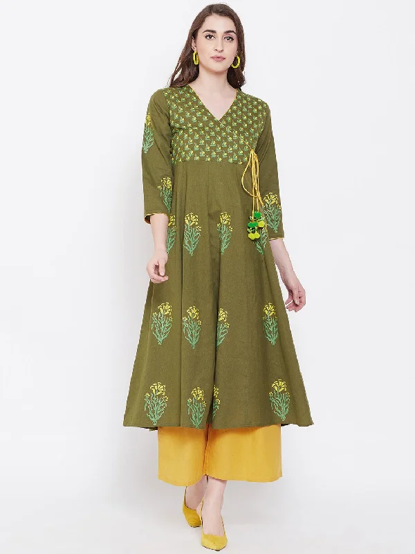 Women's Block Print Anarkali Kurta  - BitterLime